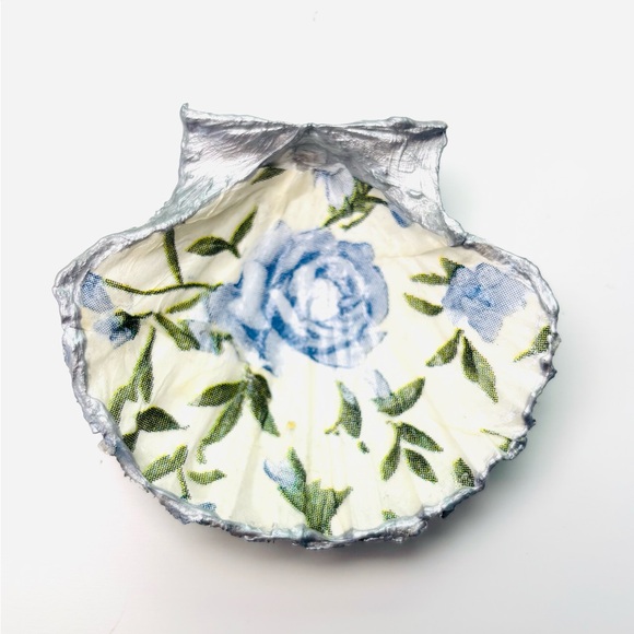 Handmade Jewelry - Handmade Scallop Shell Trinket Dish w/ Blue Rose Decoupage Design